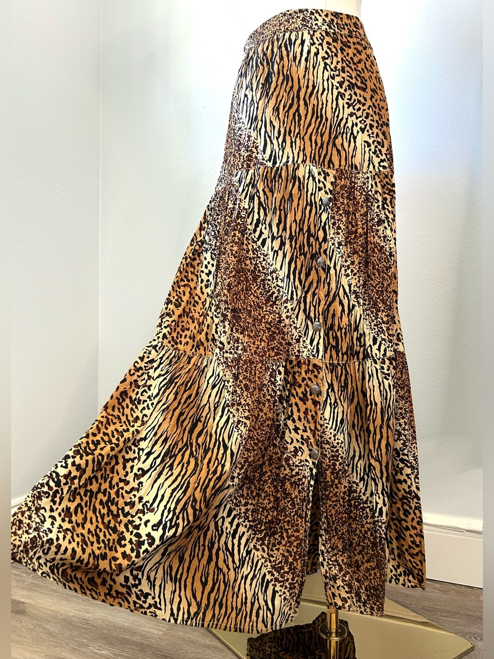 Southwest Canyon Western Bohemian Leopard Zebra Tiered Maxi Skirt Womens XL